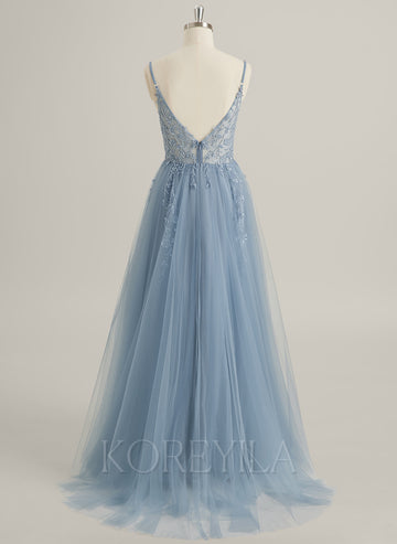 A-line V-Neck Floor-Length Tulle Lace Maxi Dresses With Sequins